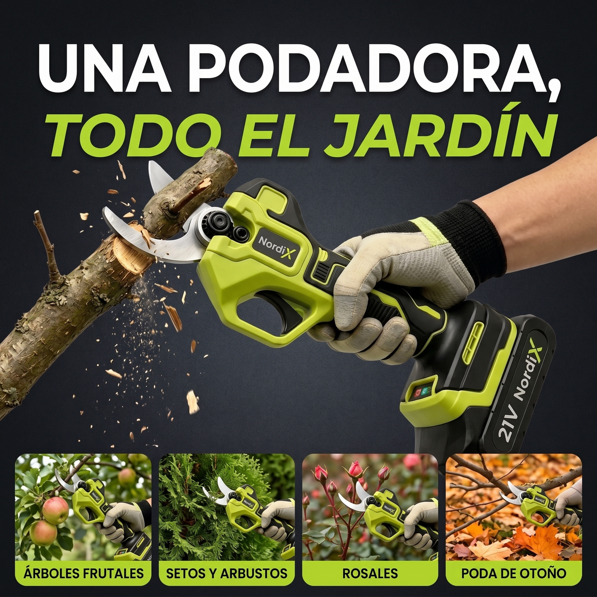 Una podadora, todo el jardín: árboles frutales, setos y arbustos, rosales y poda de otoño