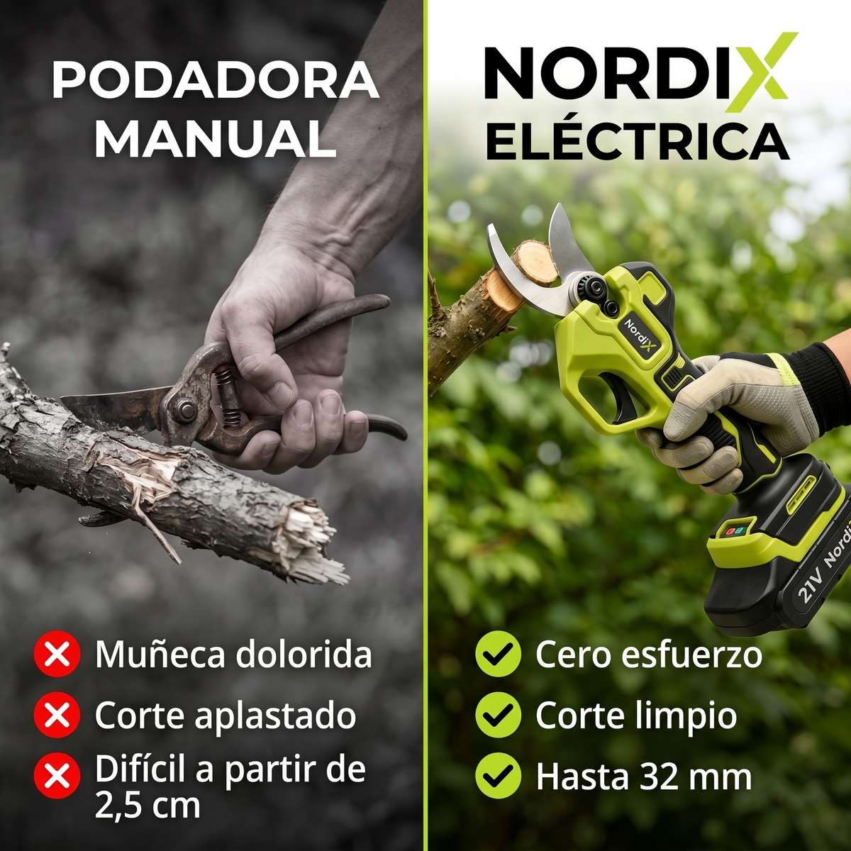 Comparativa: podadora manual frente a podadora eléctrica NordiX