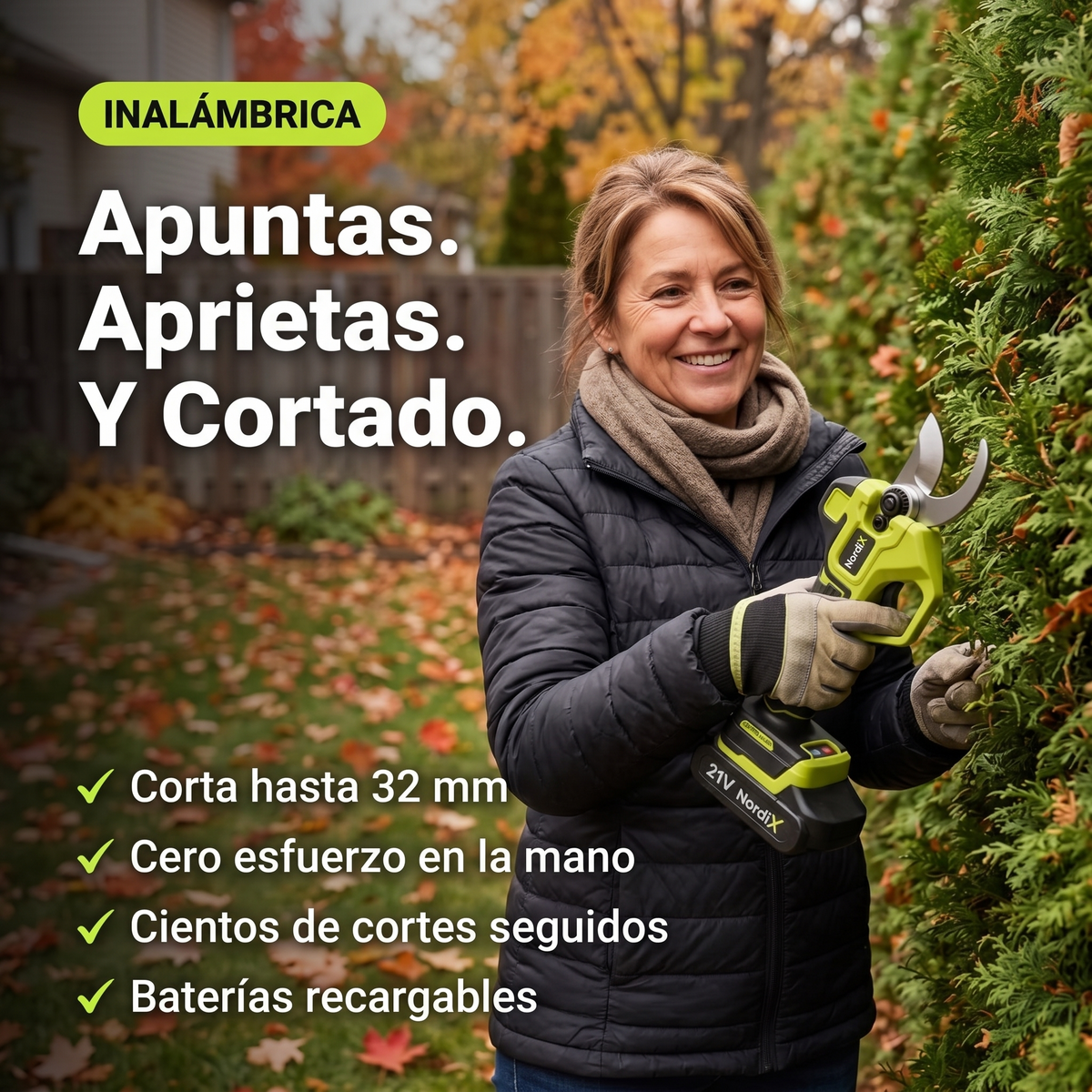 Mujer podando un seto con la podadora eléctrica inalámbrica NordiX
