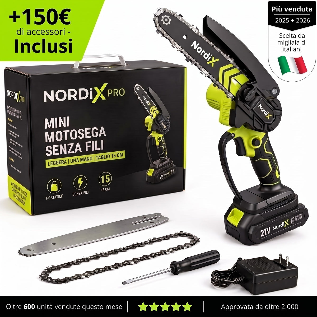 Mini Motosega NordiX senza fili con 1 batteria 21V, barra di ricambio, catena di ricambio e accessori inclusi – Più venduta, scelta da migliaia di italiani