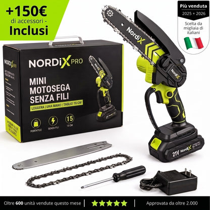 Mini Motosega NordiX senza fili con 1 batteria 21V, barra di ricambio, catena di ricambio e accessori inclusi – Più venduta, scelta da migliaia di italiani