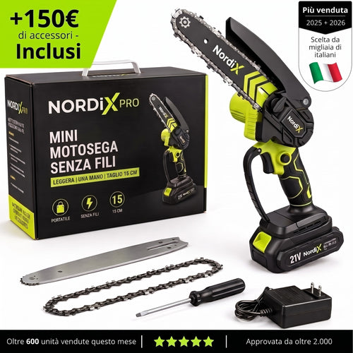 Mini Motosega NordiX senza fili con 1 batteria 21V, barra di ricambio, catena di ricambio e accessori inclusi – Più venduta, scelta da migliaia di italiani