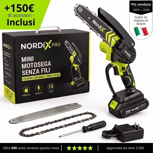 Mini Motosega NordiX senza fili con 1 batteria 21V, barra di ricambio, catena di ricambio e accessori inclusi – Più venduta, scelta da migliaia di italiani