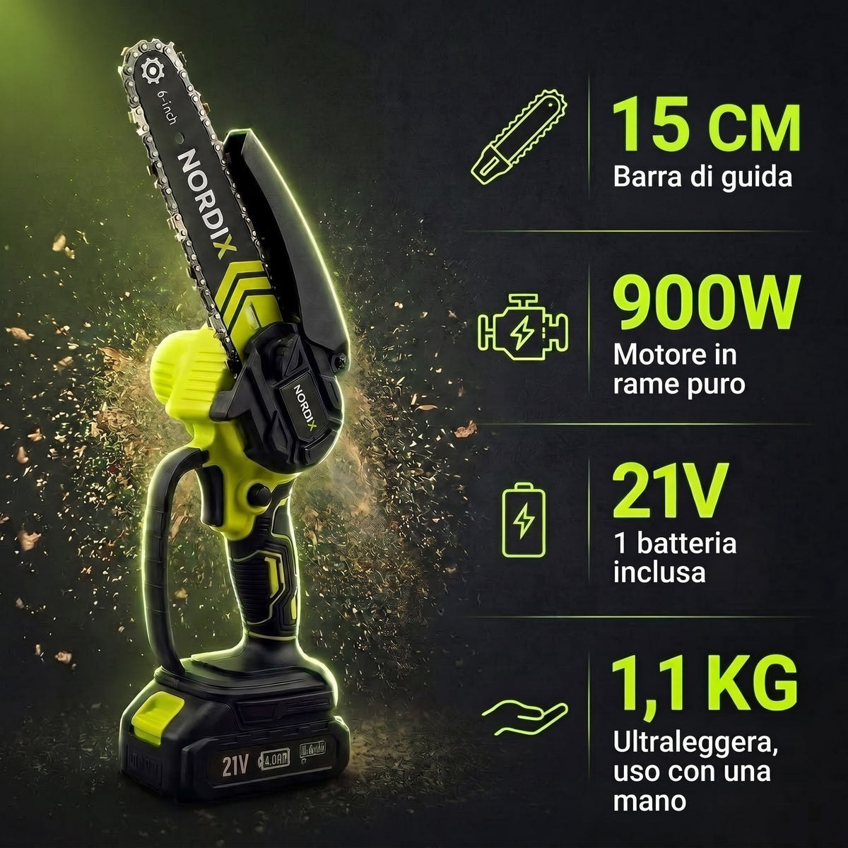 Specifiche Mini Motosega NordiX: barra di guida da 15 cm, motore in rame puro 900W, 21V con 1 batteria inclusa, 1,1 kg