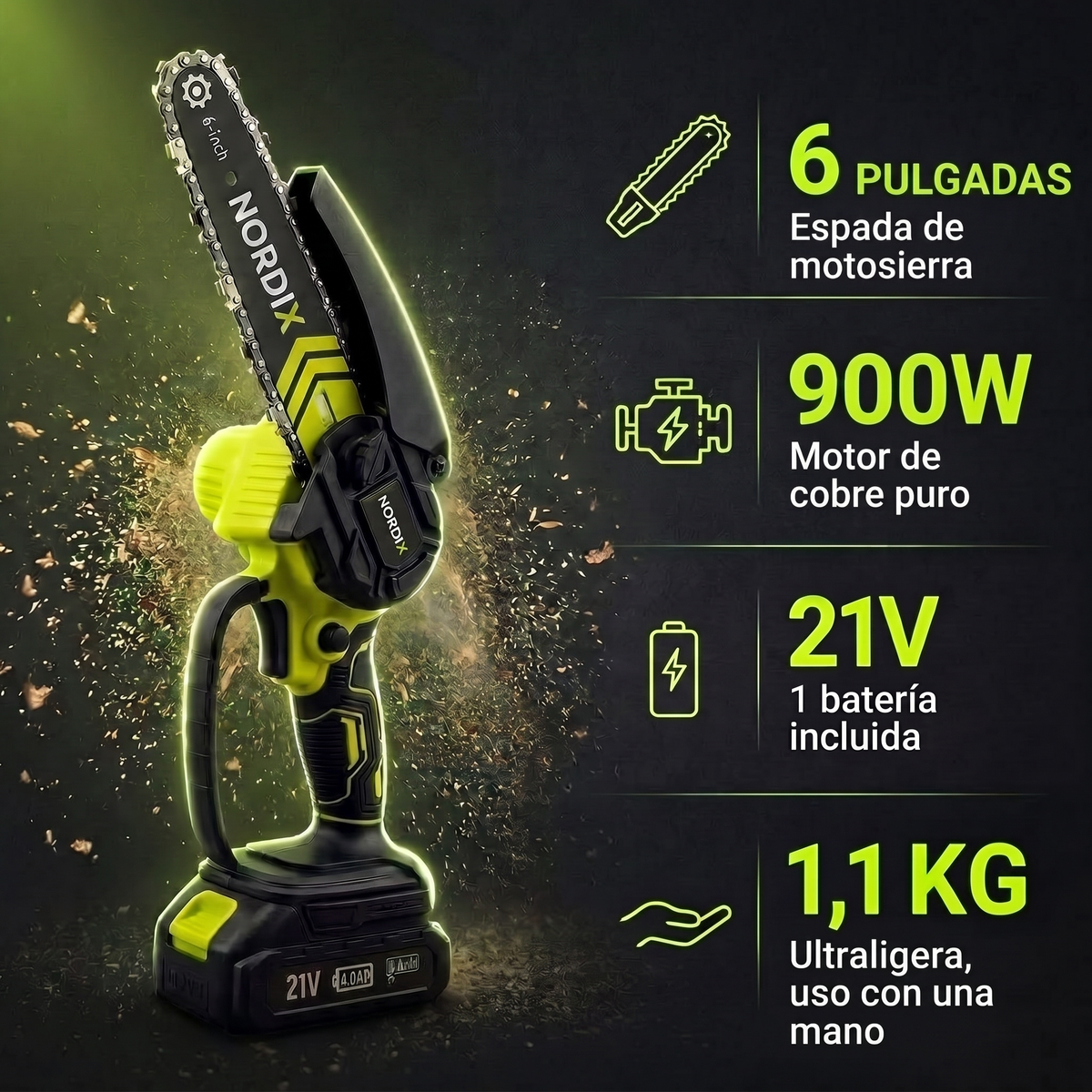 Especificaciones Mini Motosierra NordiX: espada de 6 pulgadas, motor de cobre puro de 900W, 21V con 1 batería incluida, 1,1 kg