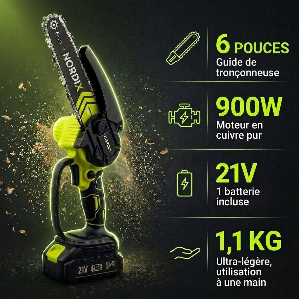 Caractéristiques de la mini tronçonneuse NordiX : guide de 6 pouces, moteur 900W en cuivre pur, 21V avec 1 batterie incluse, 1,1 kg