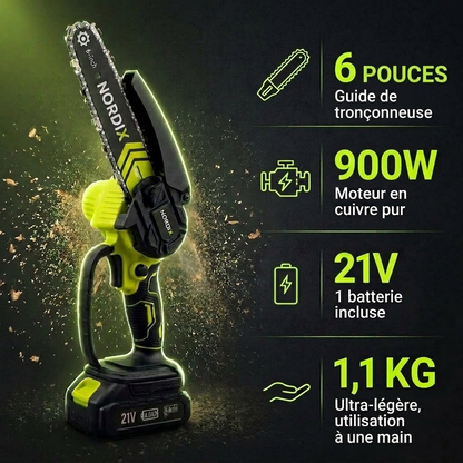 Caractéristiques de la mini tronçonneuse NordiX : guide de 6 pouces, moteur 900W en cuivre pur, 21V avec 1 batterie incluse, 1,1 kg