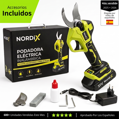 Podadora eléctrica inalámbrica NordiX con 1 batería de 21V, caja y accesorios incluidos – Más vendida, elegida por miles de españoles