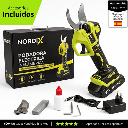 Podadora eléctrica inalámbrica NordiX con 1 batería de 21V, caja y accesorios incluidos – Más vendida, elegida por miles de españoles