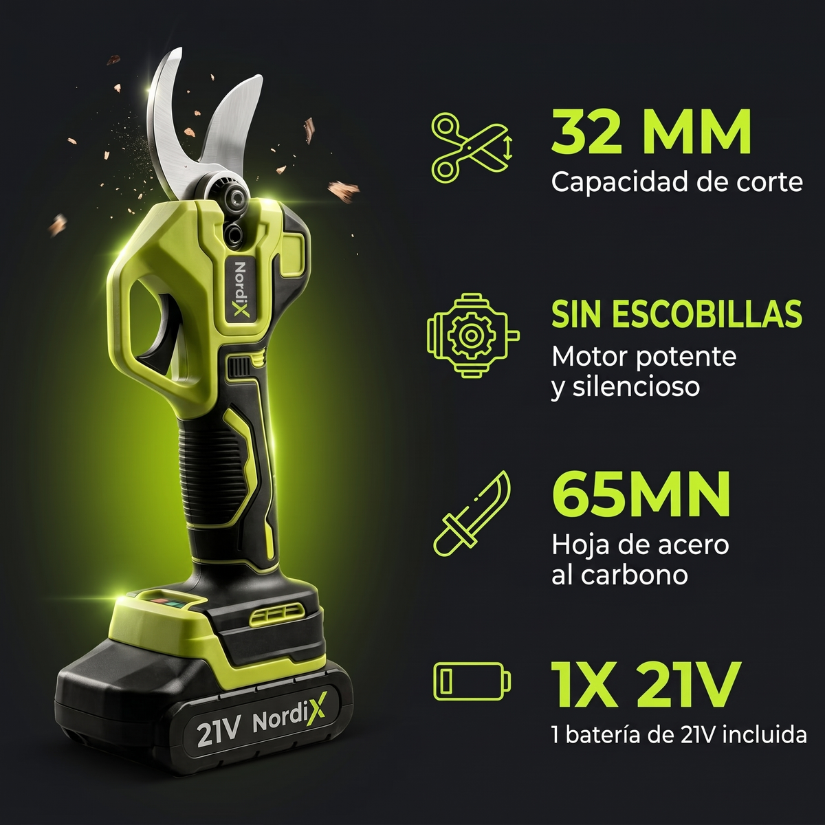 Características de la podadora NordiX: corte de 32 mm, motor sin escobillas, hoja de acero al carbono 65MN y 1 batería de 21V incluida