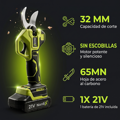 Características de la podadora NordiX: corte de 32 mm, motor sin escobillas, hoja de acero al carbono 65MN y 1 batería de 21V incluida