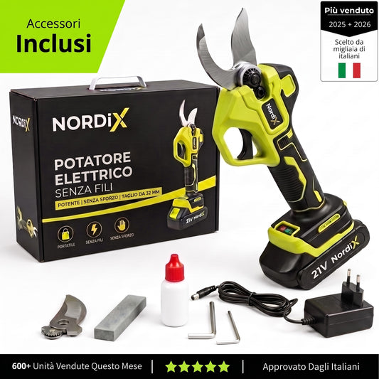 Potatore elettrico senza fili NordiX con 1 batteria 21V, confezione e accessori inclusi – Più venduto, scelto da migliaia di italiani