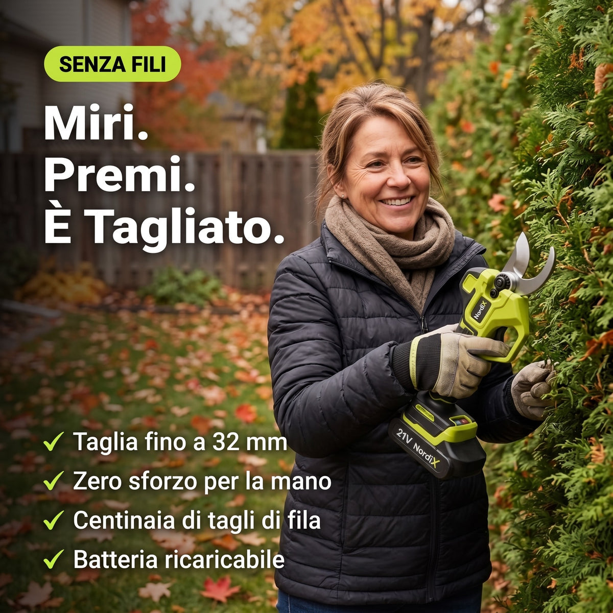 Donna che pota una siepe con il potatore elettrico senza fili NordiX