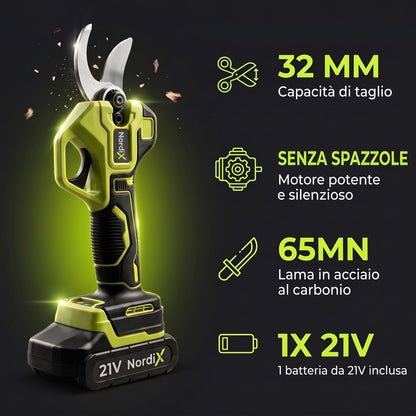 Caratteristiche del potatore NordiX: taglio da 32 mm, motore senza spazzole, lama in acciaio al carbonio 65MN e 1 batteria 21V inclusa