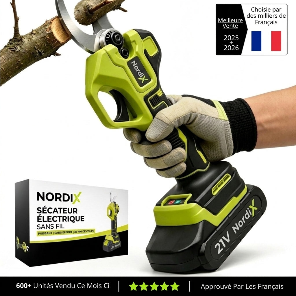 Sécateur électrique NordiX sans fil avec 1 batterie 21V, coffret NordiX et badge Meilleure vente 2025 + 2026