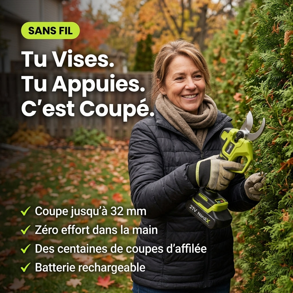 Femme taillant une haie avec le sécateur électrique NordiX sans fil : coupe jusqu'à 32 mm, zéro effort, batterie rechargeable