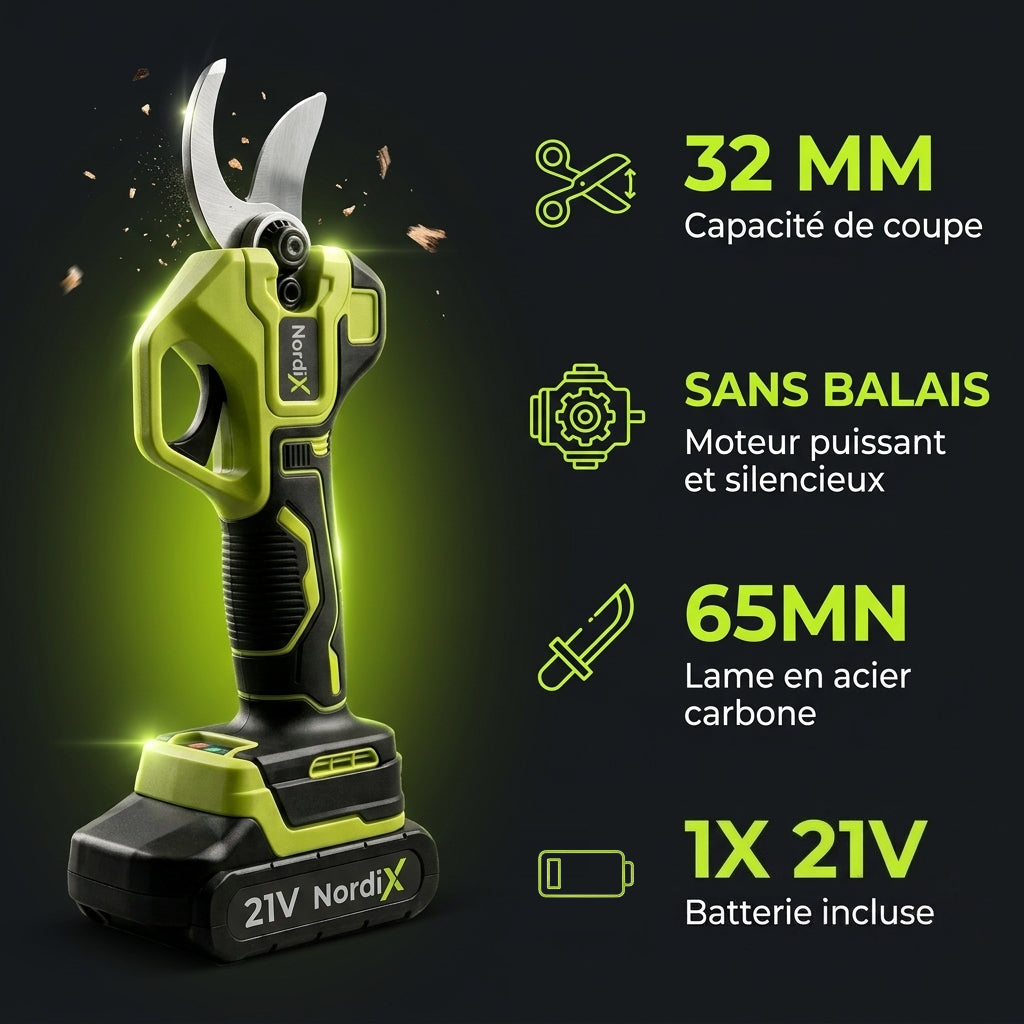Caractéristiques du sécateur NordiX : coupe 32 mm, moteur sans balais, lame en acier carbone 65MN, 1 batterie 21V incluse
